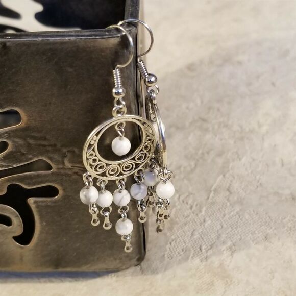 Hand Crafted Natural White Howlite Gemstone Antique Silver Chandelier Earrings - Picture 4 of 5